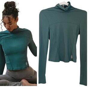 Free People Movement Midnight Jade Ribbed Turtleneck Long Sleeve Cropped Top XS